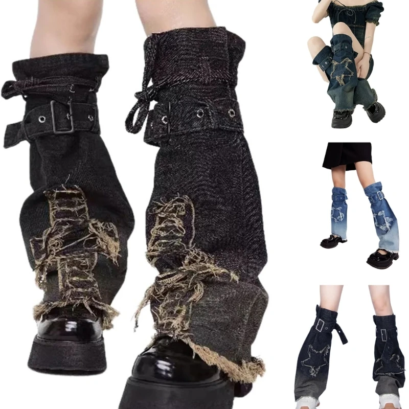 

Women Harajuku Jeans Leg Warmer Punk Buckled Distressed Crosses Flared Socks