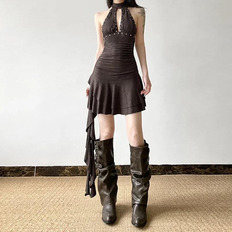 

90s Vintage Solid Rivet Halter Mini Dress Women Y2K Party Gown Sexy Backless Hem Ribbon Dresses Gothic