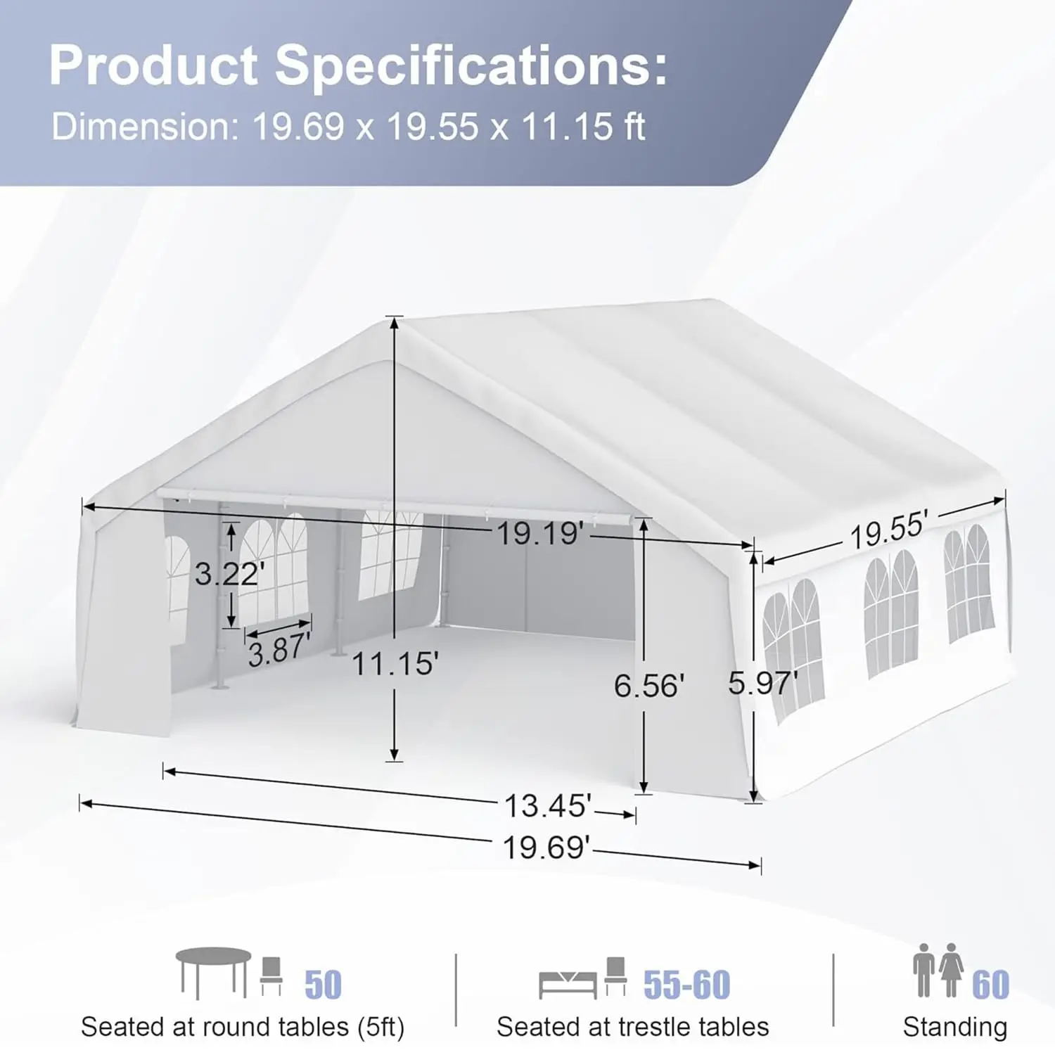 20'x20' Heavy Duty Carport with Roll-up Windows, Removable Sidewalls & Doors, All-Season Tarp for Car & Party, Customized