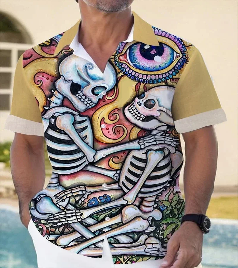 New Man Horror Eyeball Skull Printed Short Sleeve Shirt Men's Fashion Clothing Men's Breathable Cardigan Men's Street Casual Top