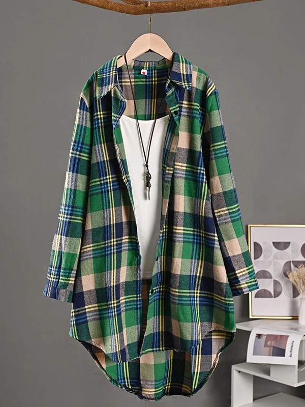 Dames Katoen Linnen irt Long Sve Plaid Bovenkleding Lente Zomer Lichtgewicht Zonwering Middellange Vintage Sle
