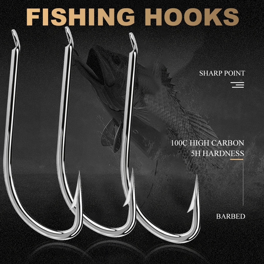 FTK 100pcs/ Box Long Shank Fishing Hook 1#-12# Fish Hooks High Carbon Steel Sharp Barbed Bait Hook Trout Bass Fishing Hooks