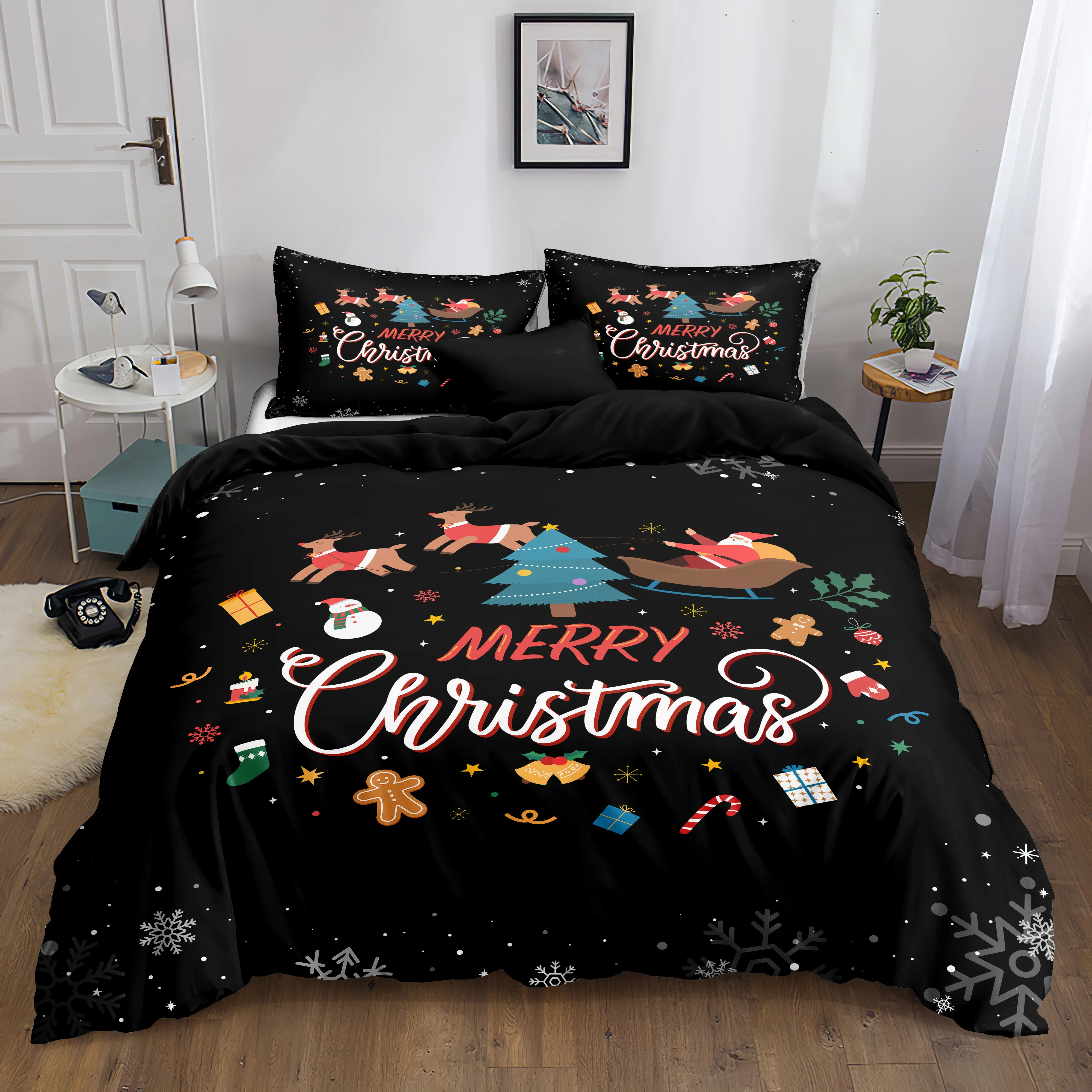 Christmas Gifts Bedding Set Black Beddings Cover Set Kid's Christmas Duvet Cover Set With Pillowcase