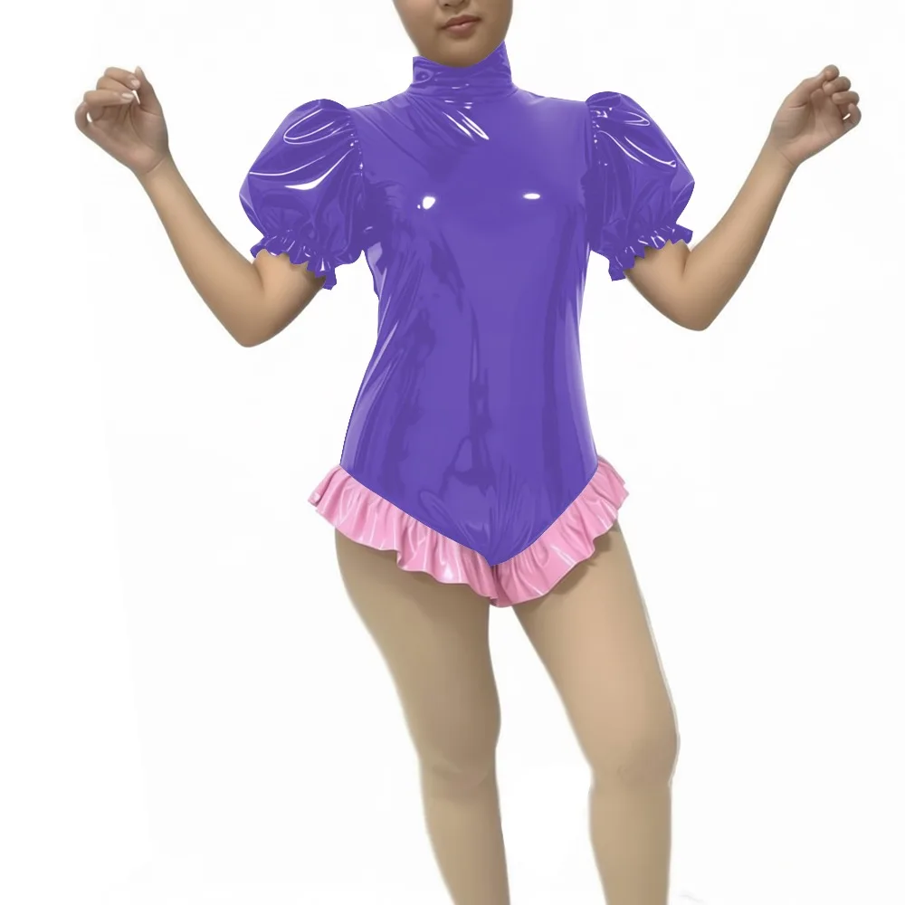 

Womens Shiny Turtleneck Bodysuit Puff Short Sleeve PVC Vinyl Leather Ruffles Trimming Leotard Sexy Glossy Raves Party Rompers