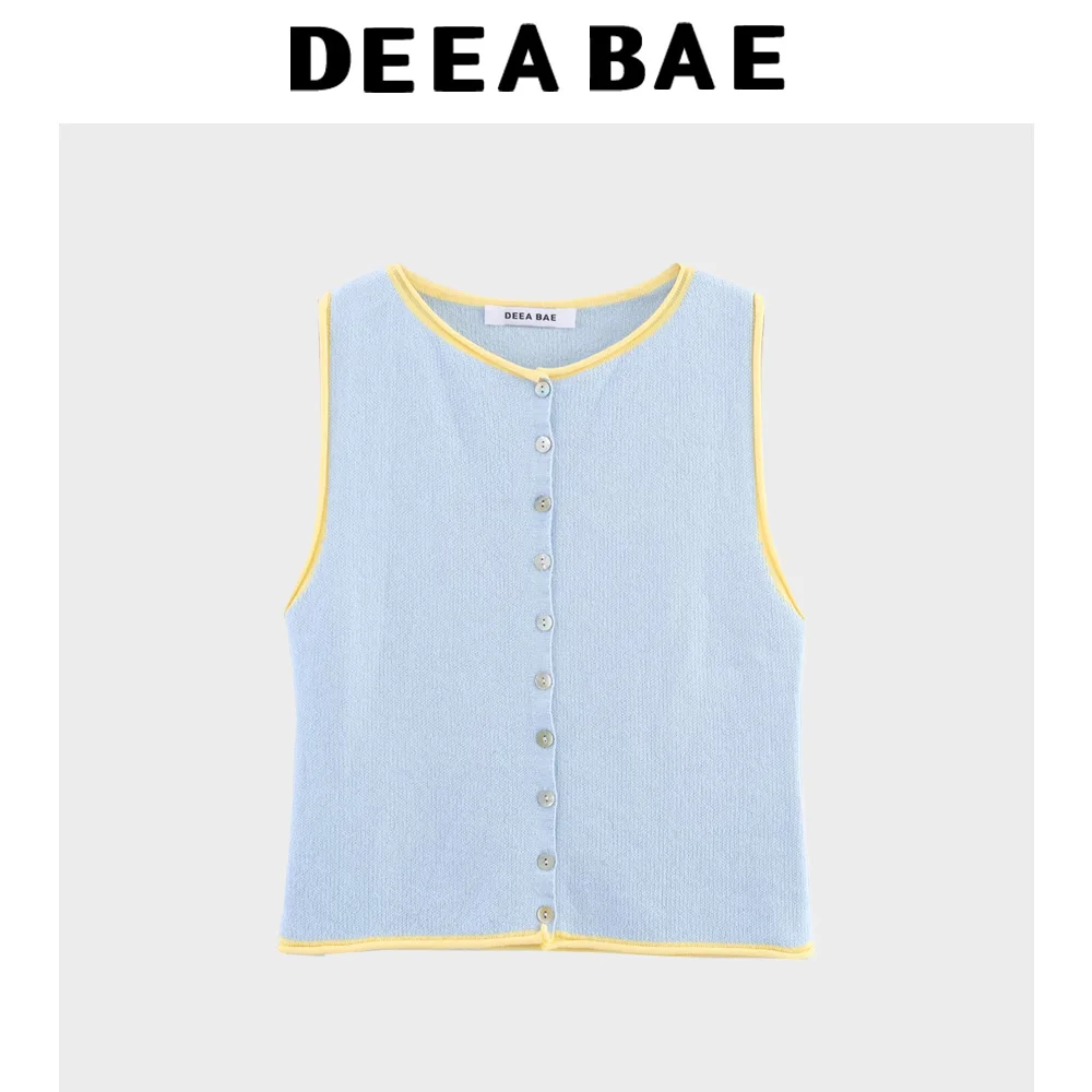 

DEEABAE Летний женский простой и модный темпераментный лоскутный декоративный слой с круглым вырезом без рукавов вязаный топ