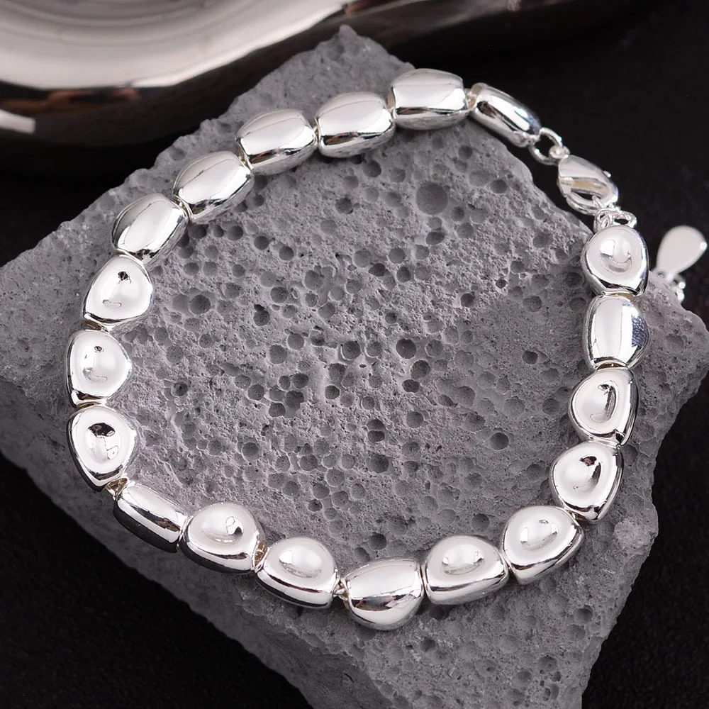 100% Solid 925 Sterling Silver Metal Bracelet for Women Men Vintage Handmade Simple Stone Bracelet Birthday Gift S-B451