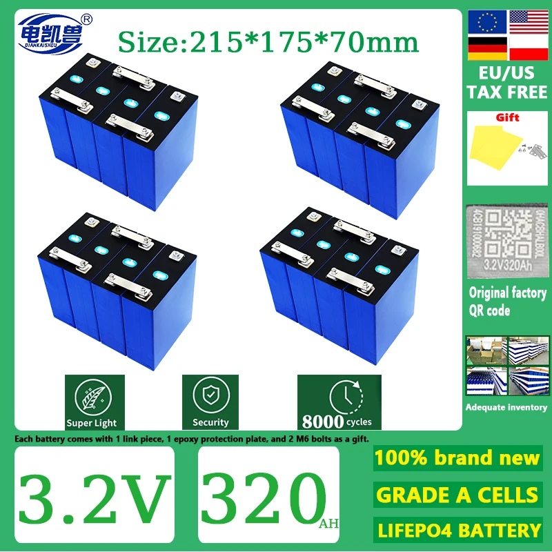 8000 Cycles 3.2V 320Ah 310ah 280ah Lifepo4 Battery Grade A Rechargeable Batteries DIY 12V 24V 48V RV EV Boat Yacht Cells Pack