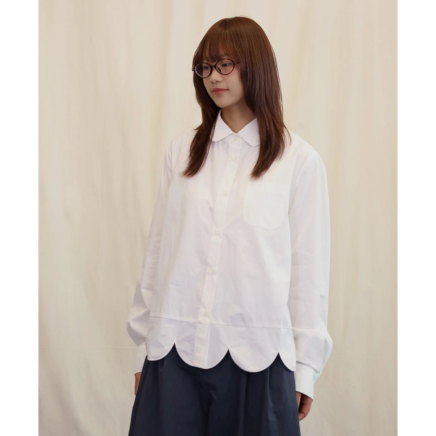 

Japanese Sle Pure Cotton Long Sve irt Single Button Petal Hem Loose Fit Breathable Skin-Friendly Women's Busin Casu...