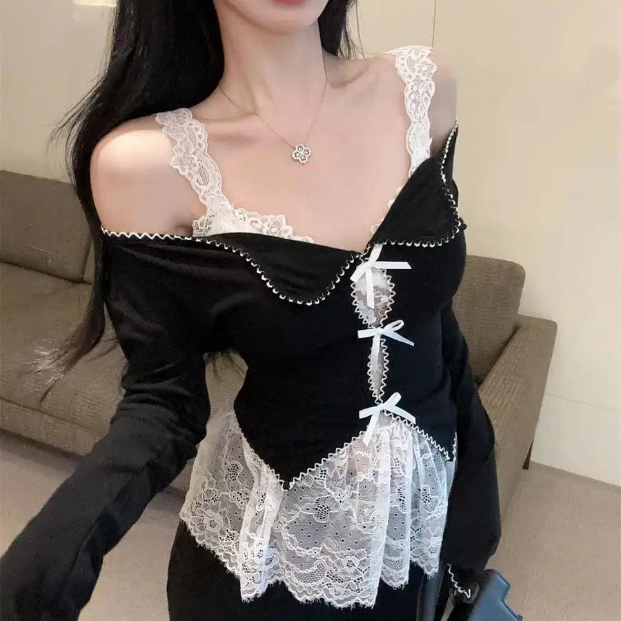 Two-Piece Set Ruffled Lace Bottoming Shirt One-Shoulder Top Layered With Camisole New Autumn Set Women