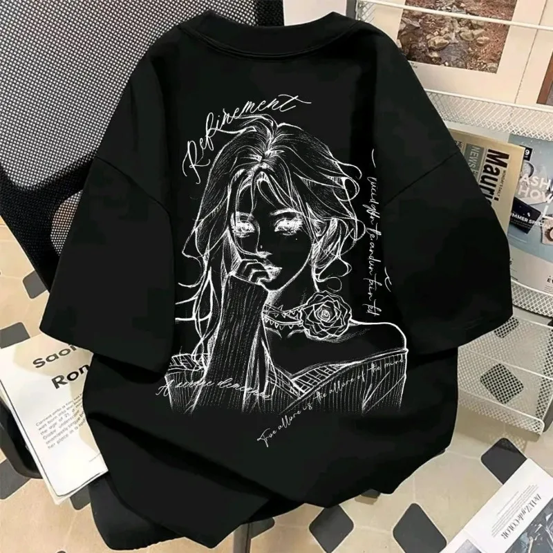 Cotton Heavyweight Short Sleeved Hand Drawn Cartoon Top T-shirt Loose Summer Round Neck New Trendy Brand Casual and Fashion 2026