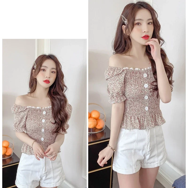 Women Summer Puff Sleeve Tops 2024 Fashion Vintage Lace Floral Printed Chiffon Shirts French Casual Bustier Corset Top Blouse XL