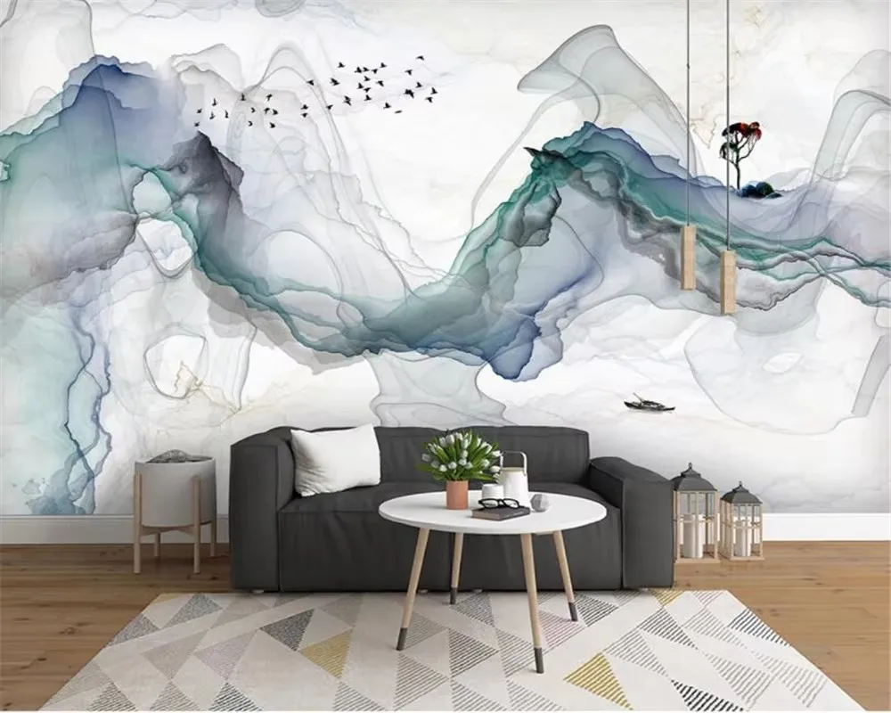 Custom wallpaper New Chinese style water lines abstract mountain imagery flying birds bedroom background wall 3d wallpaper