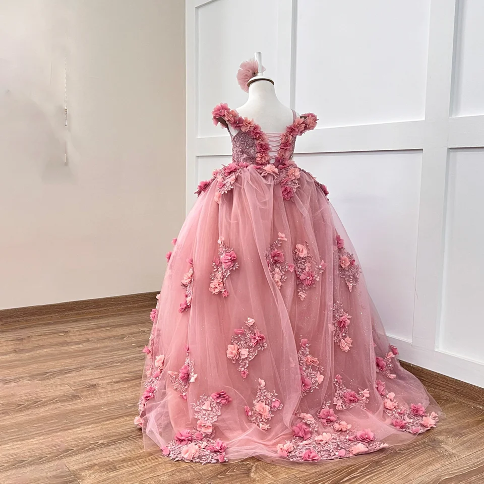 

Gorgeous Applique Flower Girl Dress For Wedding Pink Tulle V-neck Ball Gown Princess Luxury Kids Birthday Evening Party Dresses