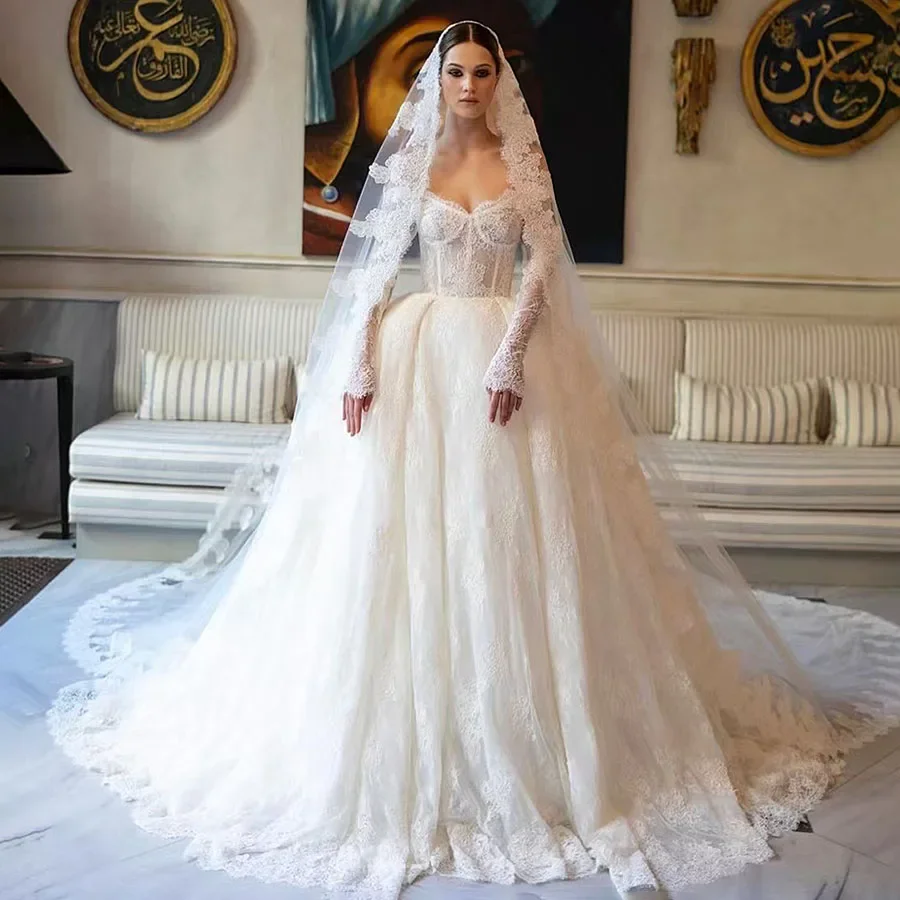 Maßgeschneidertes Ballkleid-Hochzeitskleid 2025, schulterfreies Spitzenkleid mit langen Ärmeln, Ballkleid, Brautkleider, Vestidos De Noiva