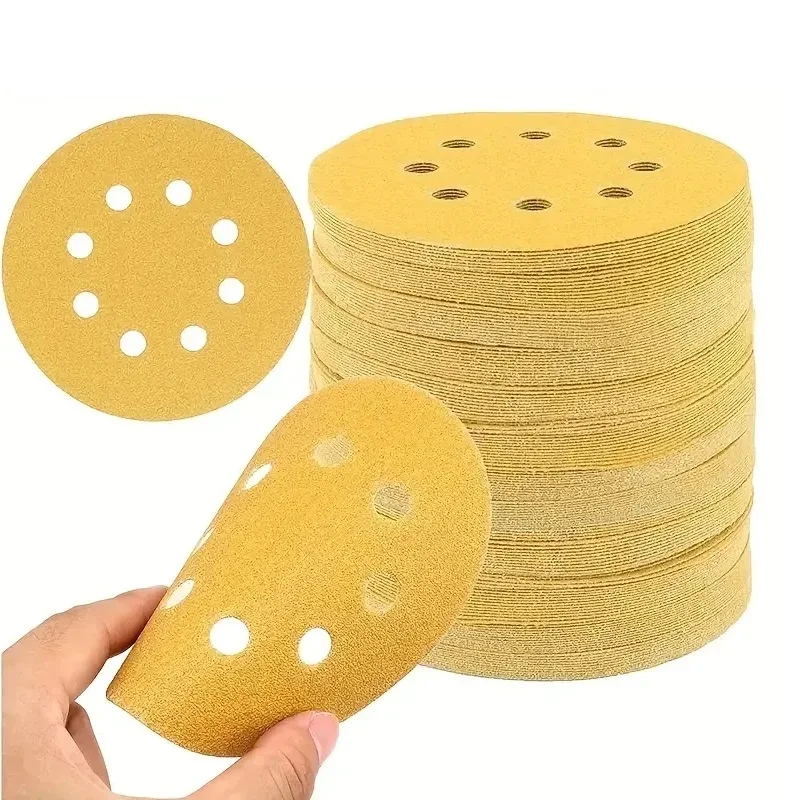 

10/50pcs 5 Inch Yellow Sanding Discs 8 Holes 125mm Hook And Loop Aluminum Oxide Sandpapers For Polishing Random Orbital Sander