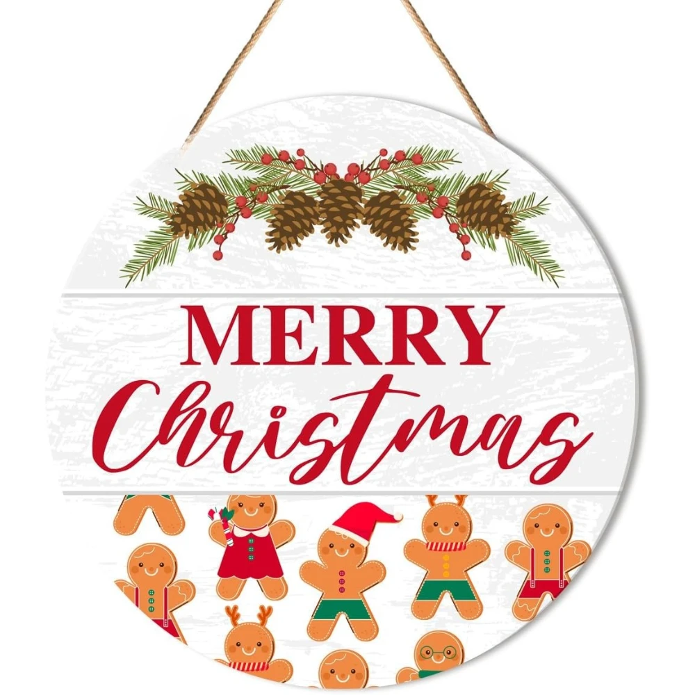 Merry Christmas Sign Front Door Decor, Christmas Round Hanging Sign Decor Gingerbread Mistletoe Xmas Holiday Wall Decorations