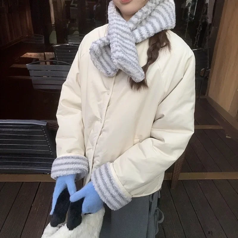 

Women's Winter New Pockets Spliced Single Breasted Loose Scarf Two-Sided Wear Warm Thickening Jacket Stripe Blue Women Clothing