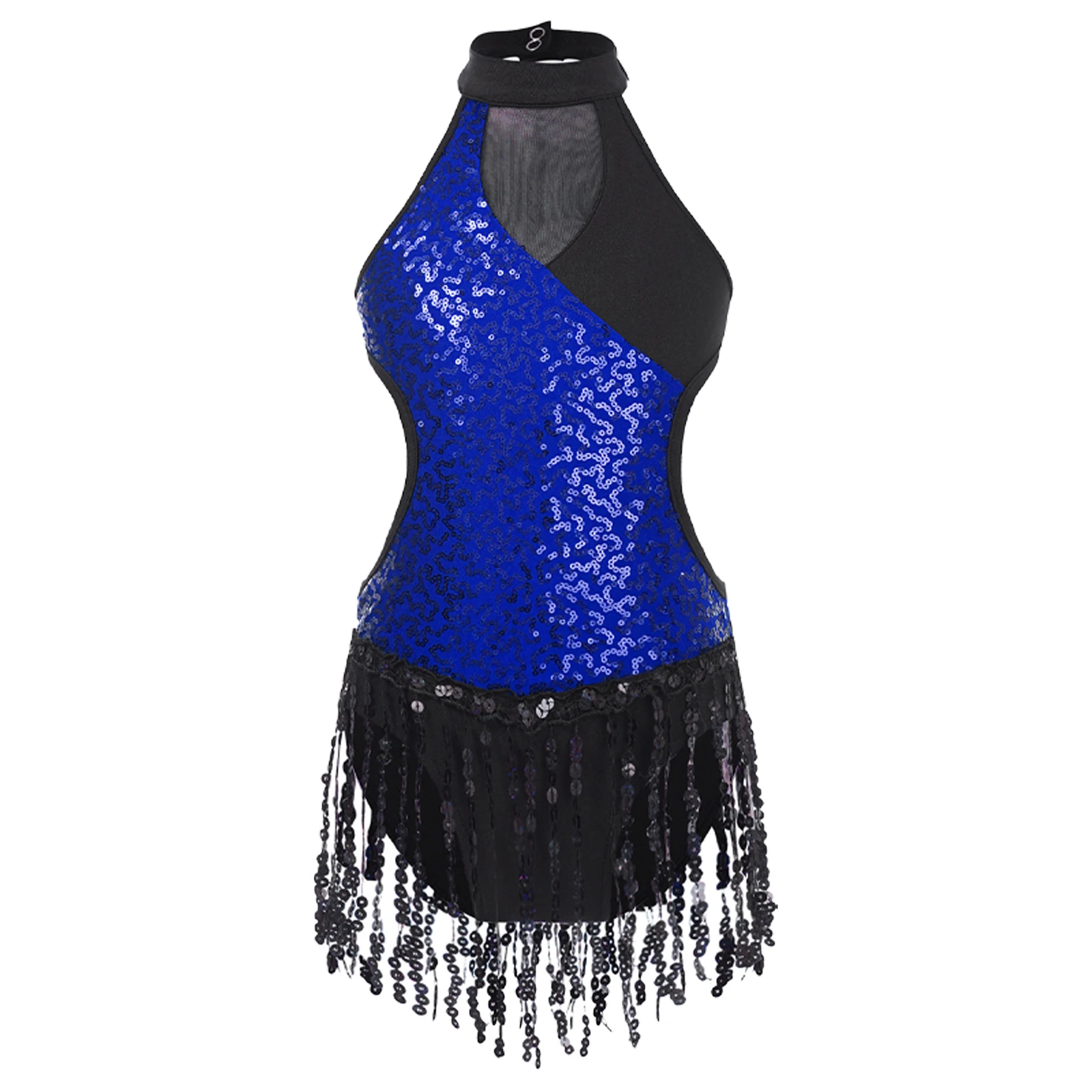 Kids Girls Sequins Latin Dance Leotard Color Block Sleeveless Tassels Fringed Bodysuit Costume for Tango Chacha Stage Dancewear