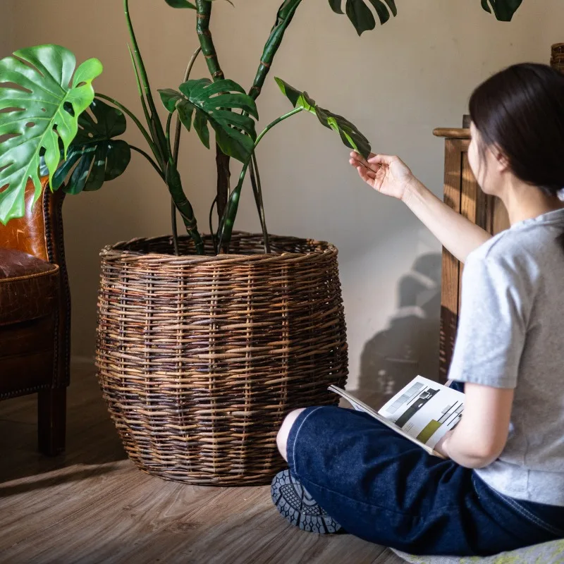 Large Rattan Woven Planter Basket Vintage Willow Storage Bin for Potted Rustic Decor Flower Pot for Living Room Boho Home Decor
