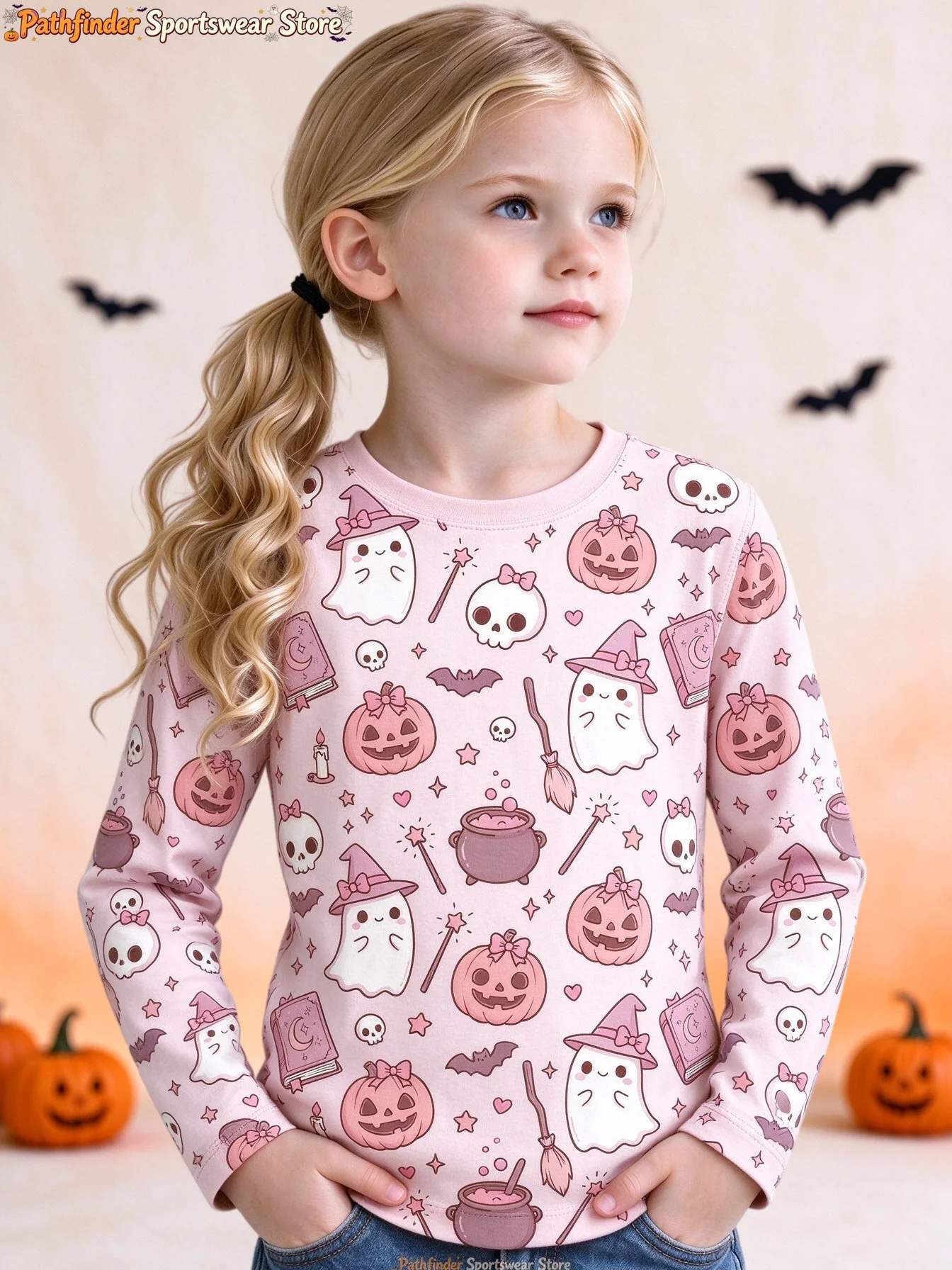 Girls Halloween Long Sleeve Tee Cute Pink Witch Ghost Pumpkin Skull Graphic Crew Neck Sport Top Kids Party Autumn Casual T-Shirt