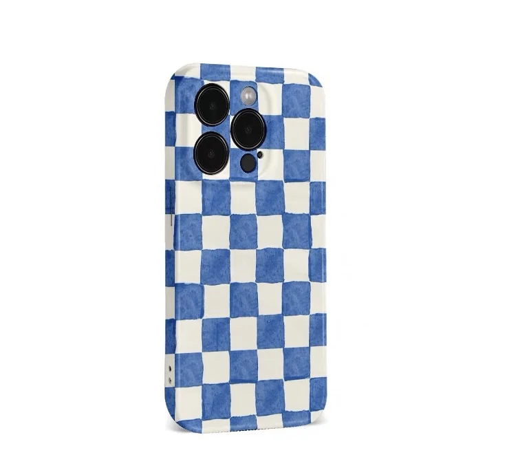 Ins – coque de téléphone à motif à carreaux bleu, étui rigide pour iPhone 16e 16 15 14 13 12 11 Pro Max XS XR XSMax 6 7 8 Plus, Film brillant