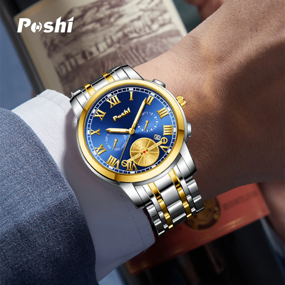 POSHI 905 Luxury Man Wristwatch Waterproof Date Watch for Men Stainless Steel Men\'s Quartz Watches reloj hombre with Box