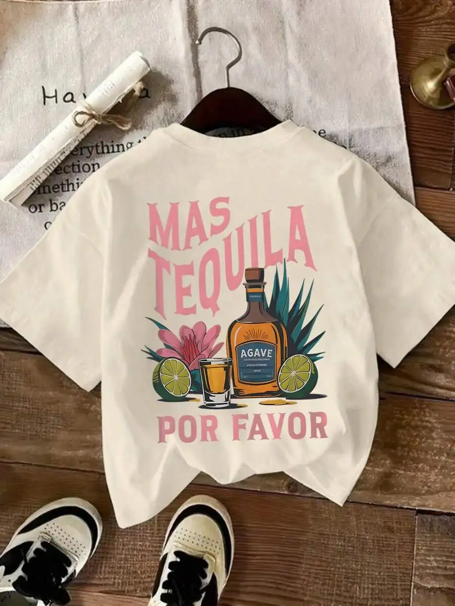 2026 Fashion New Women Loose Round Neck Short Sleeve Tee Tequila Cocktail Margarita Glass Lemon Flower Leaf Letter Print Spring Summer Casual Basic Top Tee