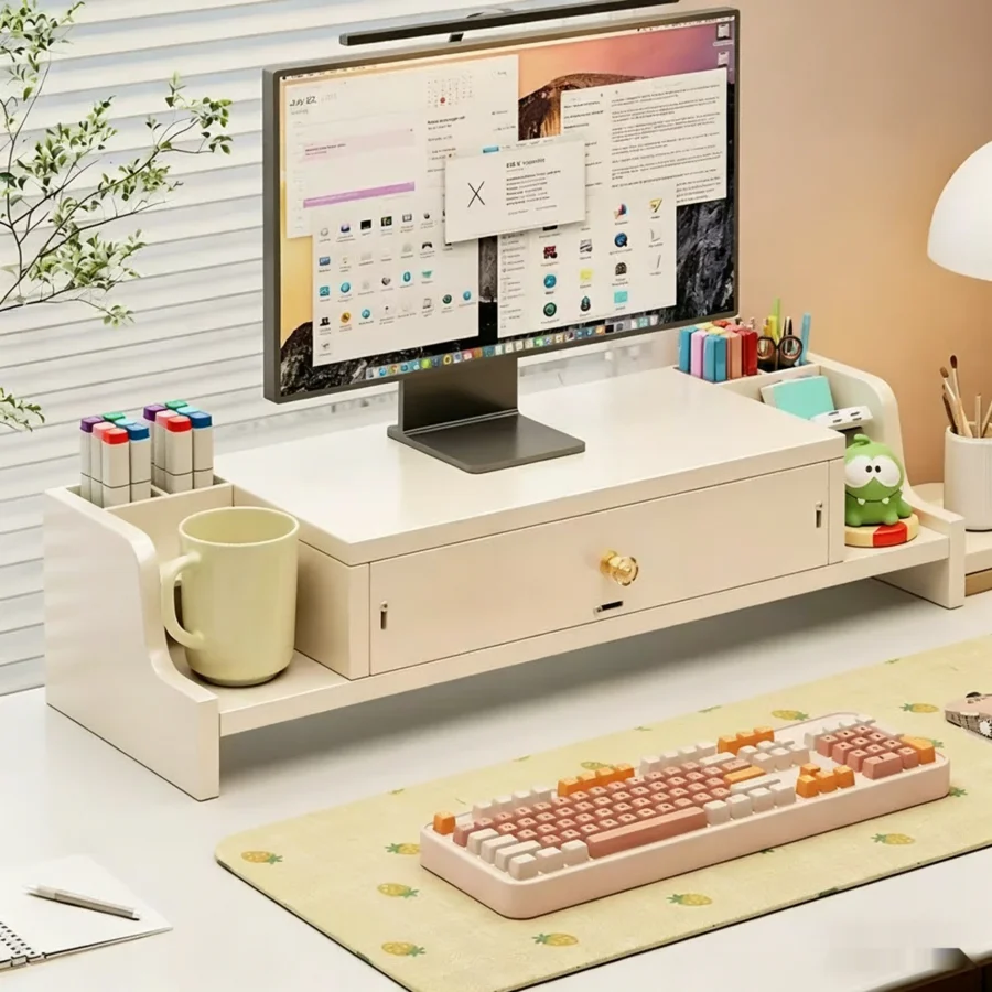 Cream Style Monitor Stand Riser With Drawer & Side Organizer, Multi-Functional Desk Storage Shelf For Office Supplies, Ergonomic