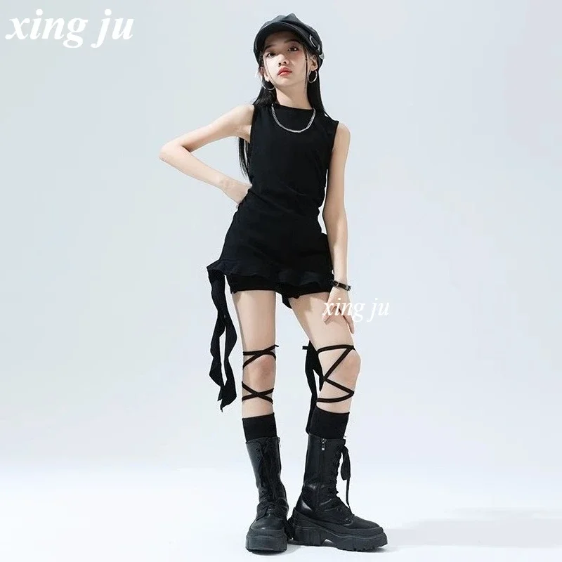 소녀 스트리트 댄스 타이트 반바지 어린이 힙합 의류 어린이 블랙 불규칙 탑 재즈 댄스 의상 무대 공연 의류