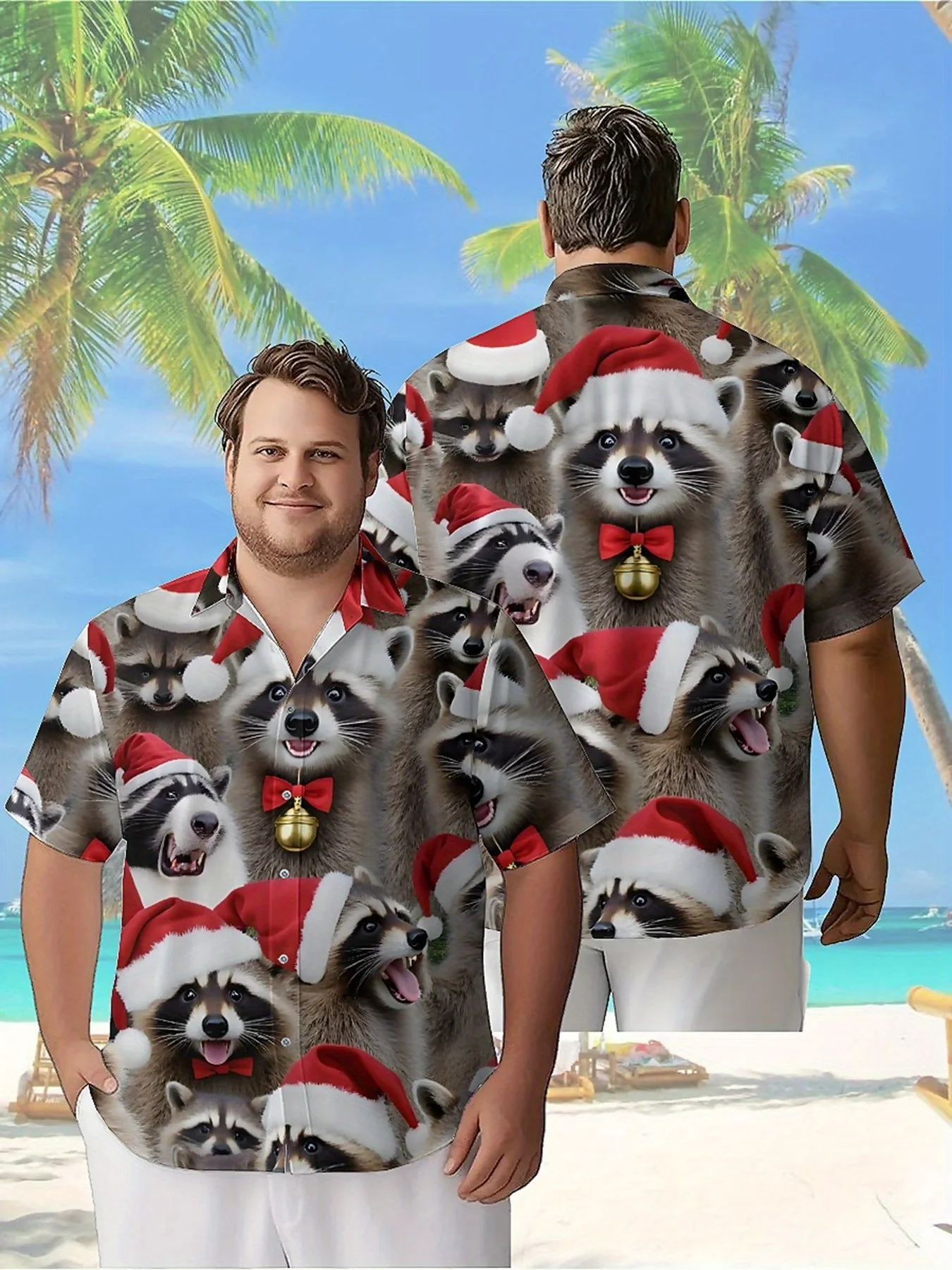 

Men's Plus Size Hawaiian Shirts Christmas Raccoon Pattern, Button Up Shirts, Unisex Casual Clothing, Summer Tops