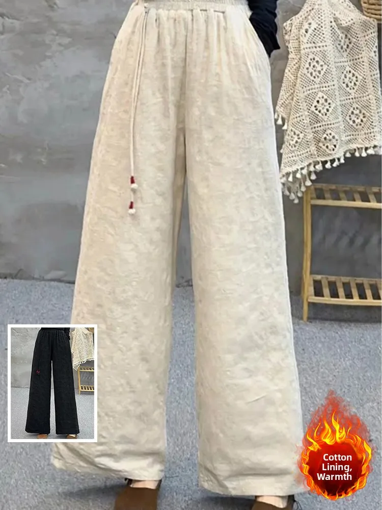 

Warm Cotton Linen Fce Lined Straight Leg Elastic Waist Casual Pants Large Size Women's Tassel Loose Fit Winter Trousers