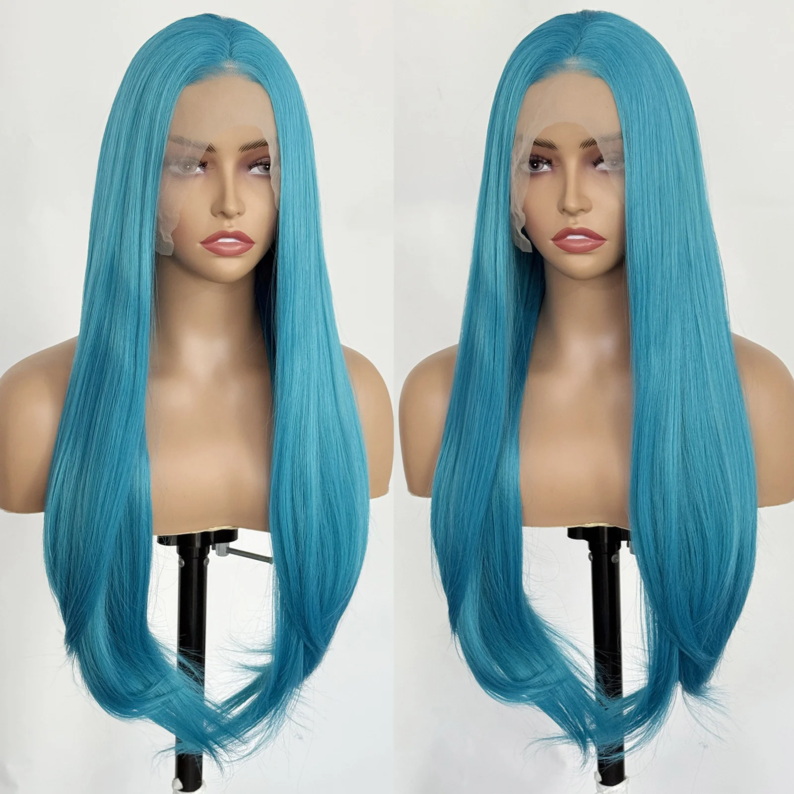 باروكة دانتيل زرقاء طويلة مستقيمة باروكات أمامية من الدانتيل للنساء 13 × 4 شعر صناعي جزء مجاني للاستخدام اليومي خط شعر طبيعي للحفلات التنكرية #2