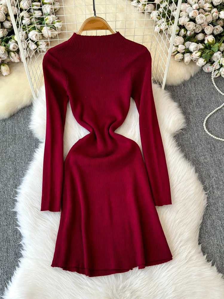 TWOTWINSTYLE Solid Patchwork Button Elegant Dresses For Women Round Neck Long Sleeve High Waist Slimming Dress Female KDR517460