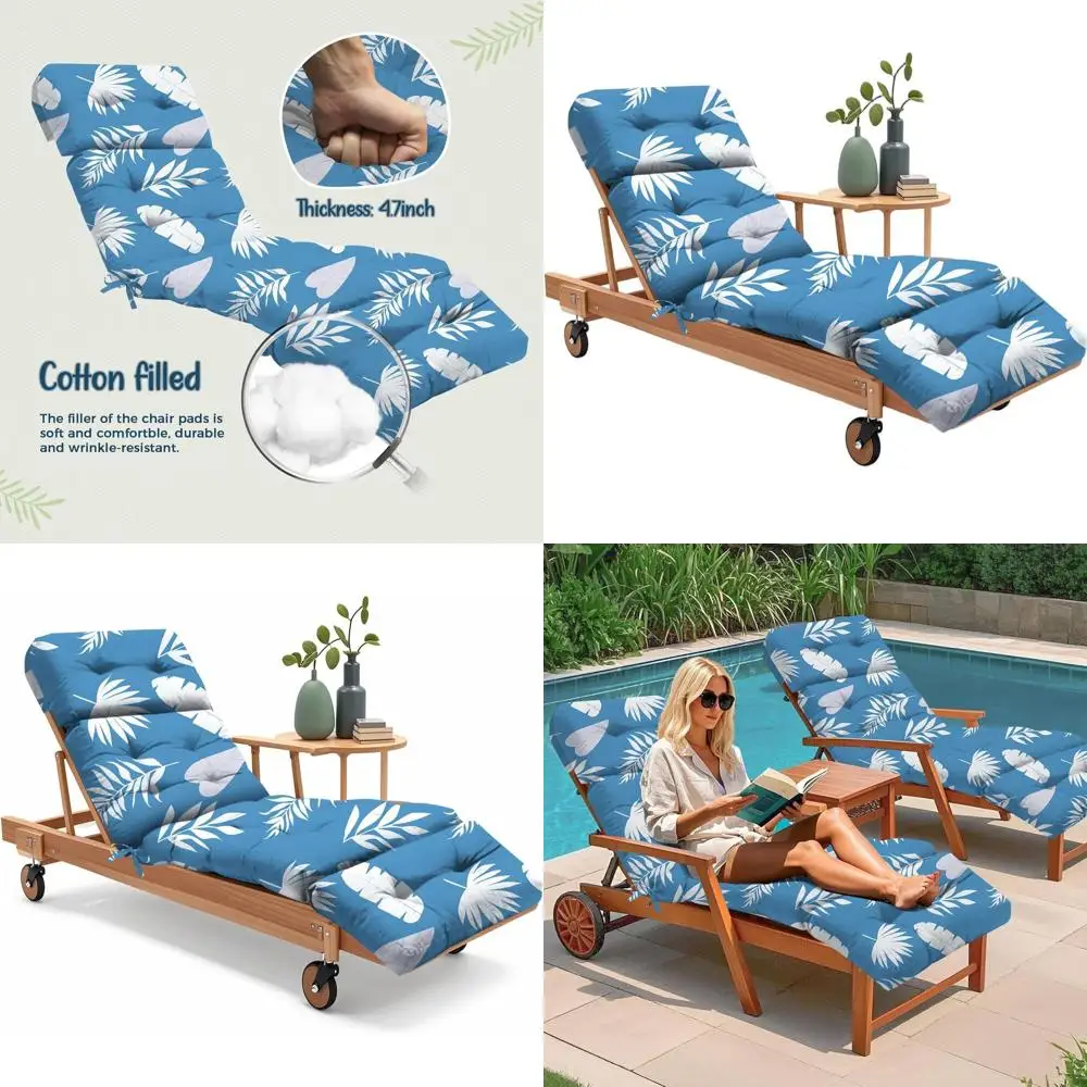 

Водонепроницаемая подушка для шезлонга с синим узором в виде листьев, 75.1x22.8x4.7 дюймов, хлопковый чехол для уличного кресла для патио/бассейна с завязками