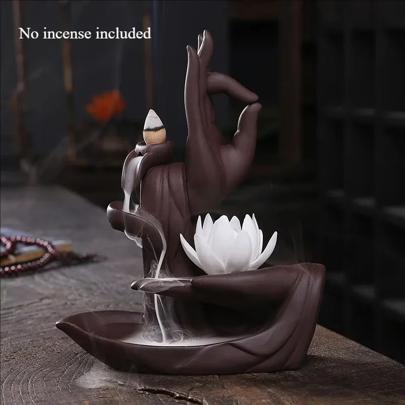 

Creative Ceramic Purple Sand Incense Burner Zen Buddhist Hand Backflow Censer Lotus Dragon Shape Incense Stove Home Decorations