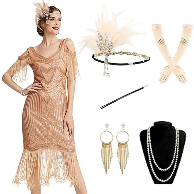 Retro Vintage Roaring 20S 1920 Flapper Jurk Cocktail Jurk Flapper Hoofdband Accessories Set Pailletten Dames