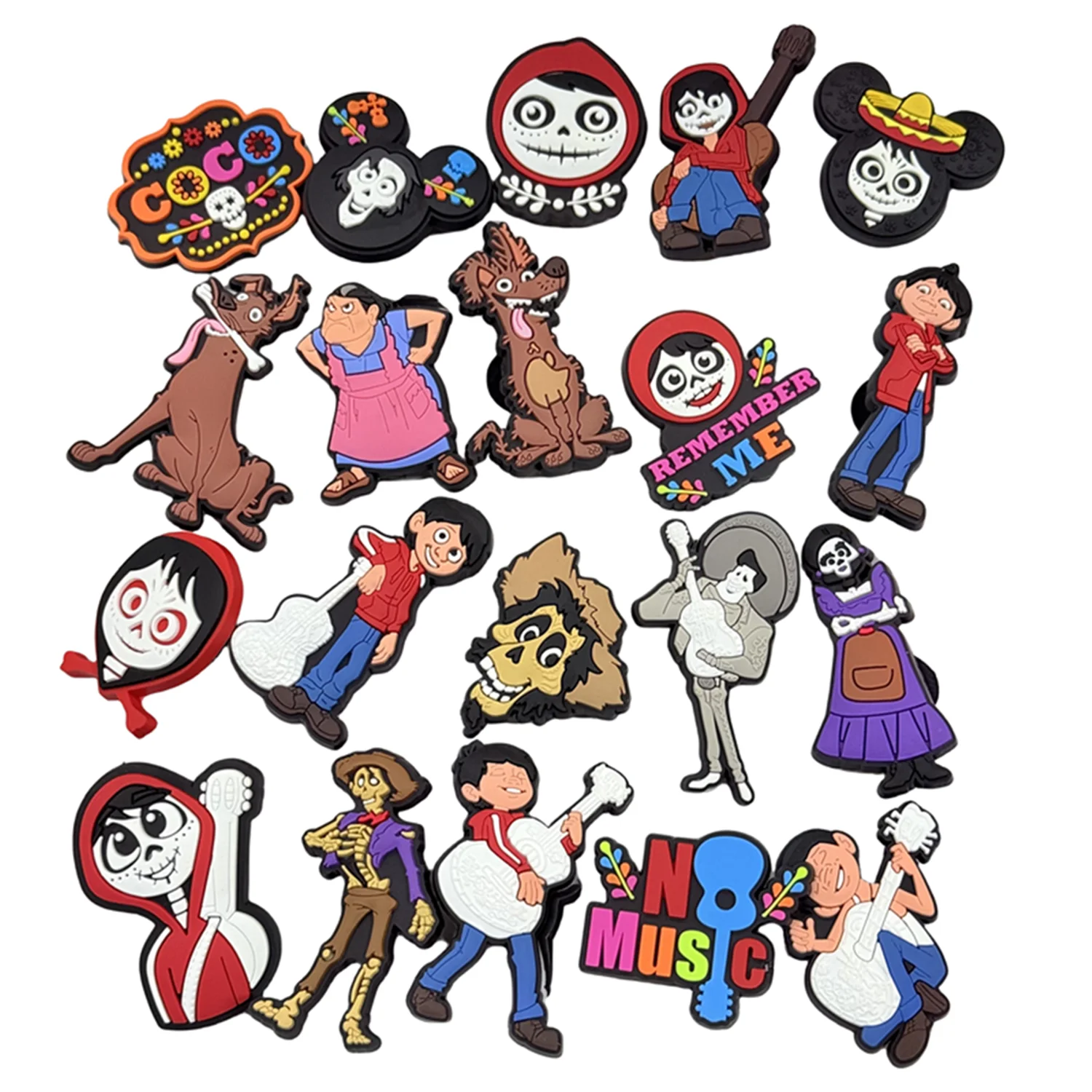 15-20PCS Disney Coco Miguel Adornos para Zapatos al por Mayor, Mezcla de Decoraciones de PVC de Guitarra Mexicana, Hebillas Desmontables DIY Impermeables para Regalo de Navidad
