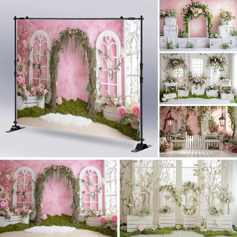 Spring Kids Photography Backdrop Pink Fence Wall Flower Plants  Baby Shower Birthday Portrait Cake Smash Background Photo Studio