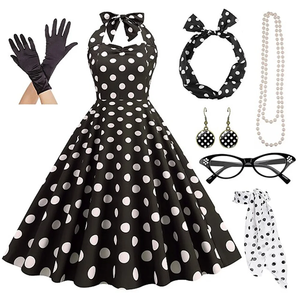 Women's Rockabilly Dress Polka Dots Swing Flare Dress with Accessories Set Earrings Necklace Headband Glasses Gloves Dress