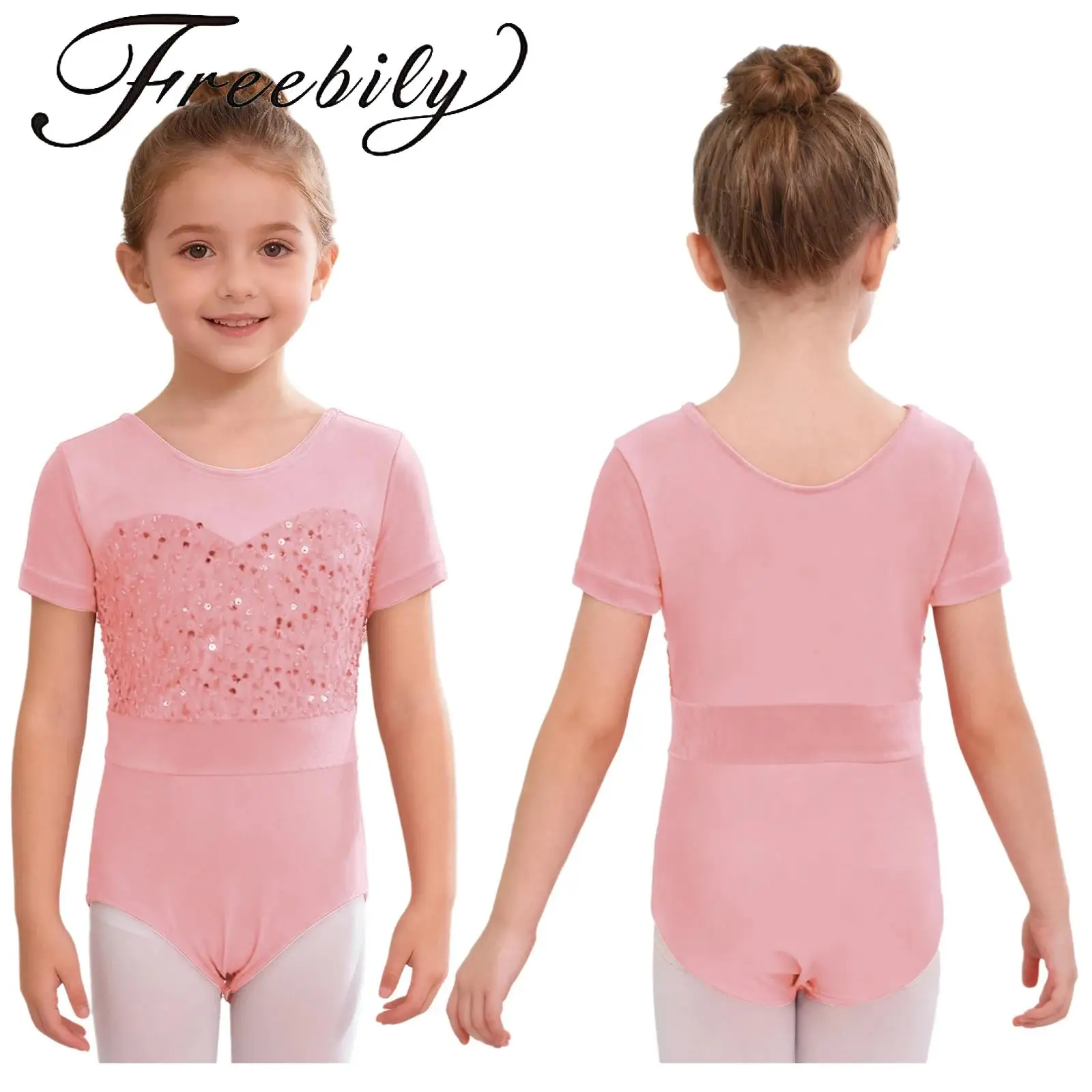 

Kids Girls Shiny Sequins Ballet Leotard Round Neck Short Sleeve Velvet Patchwork Press Buttons Crotch Dance Bodysuit