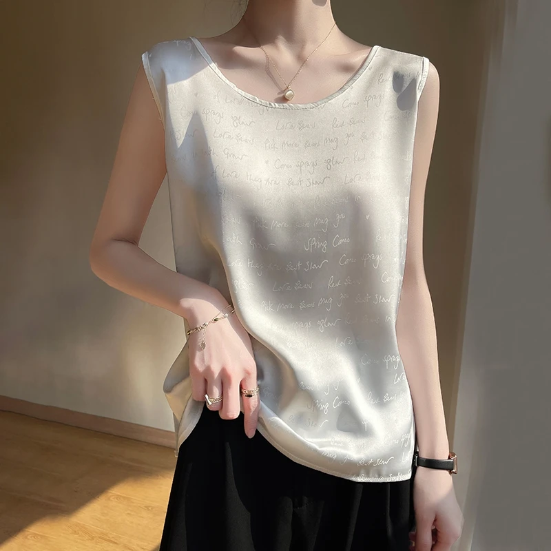 2023 Summer New Mulberry Silk Vest For Women U-Collar Broadband Solid Color Printed Comfortable Temperament Short-Sleeved Vest