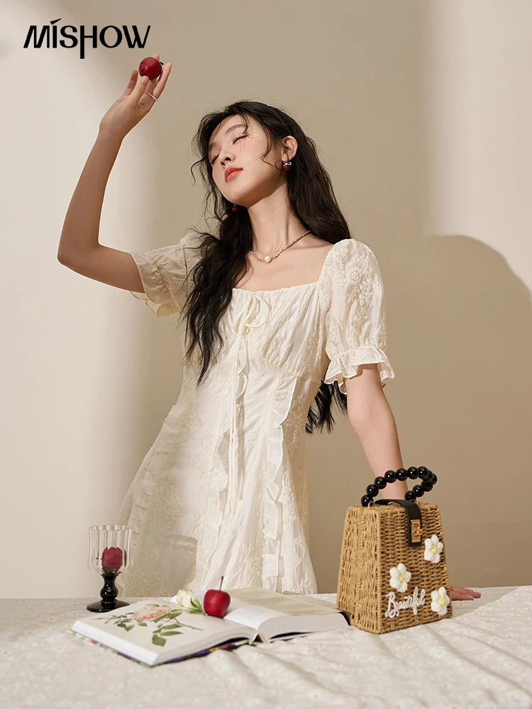 MISHOW Square Neck Vertical Stripe Ruffle Edge Dress 2024 Summer Tea Break French Bubble Sleeve Vacation Long Dresses MXD27L1808