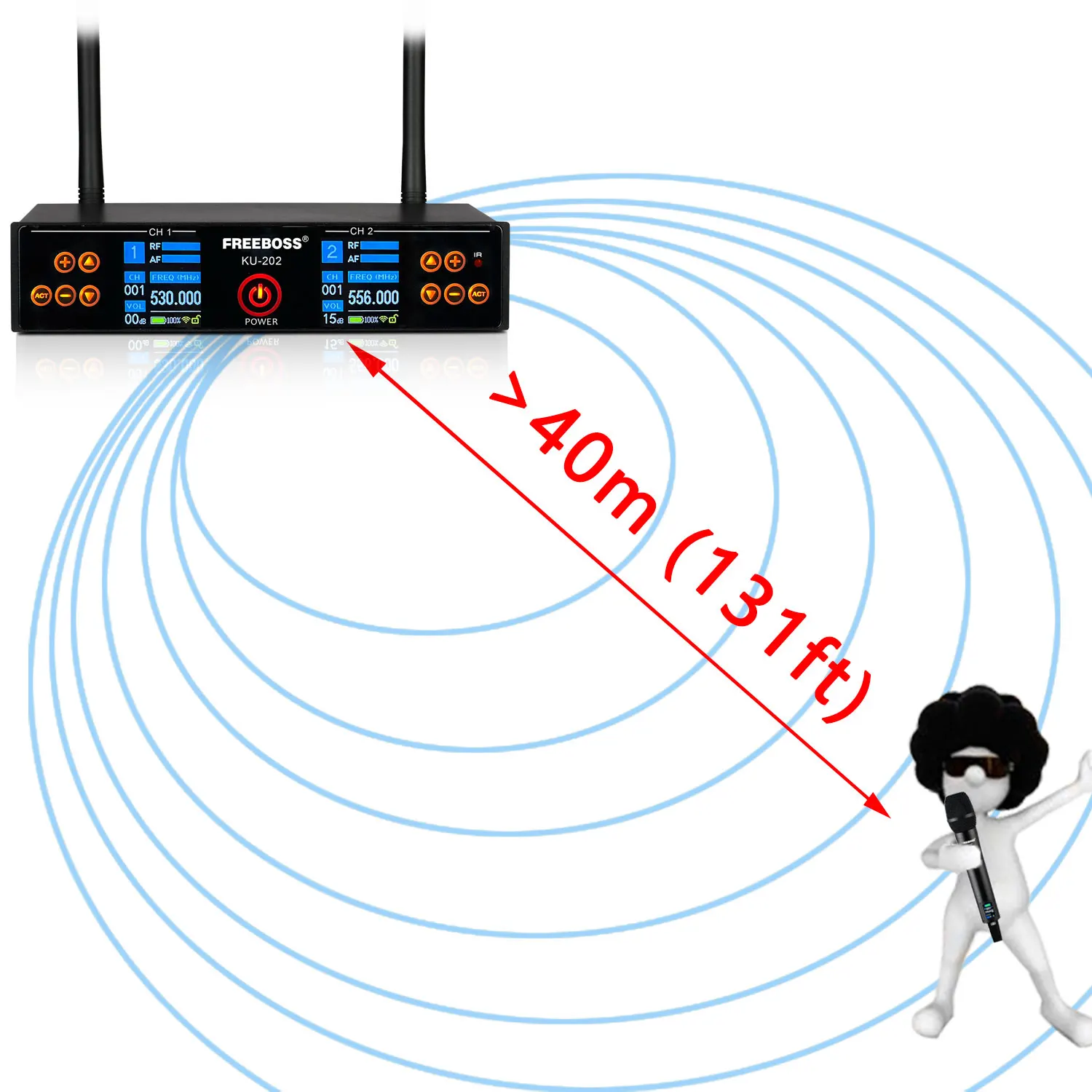 FREEBOSS microfono Karaoke Wireless TFT ricaricabile 2 palmare UHF 2*100 punti scansione a frequenza a infrarossi microfono dinamico KU-202