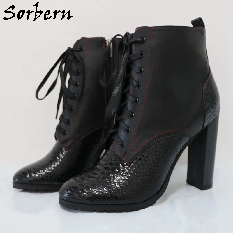 Sorbern Black Ankle Boots For Women Short Lace Up Fish Scale Shoes Winter Style Booties Chunky Heel Shoes Custom Color