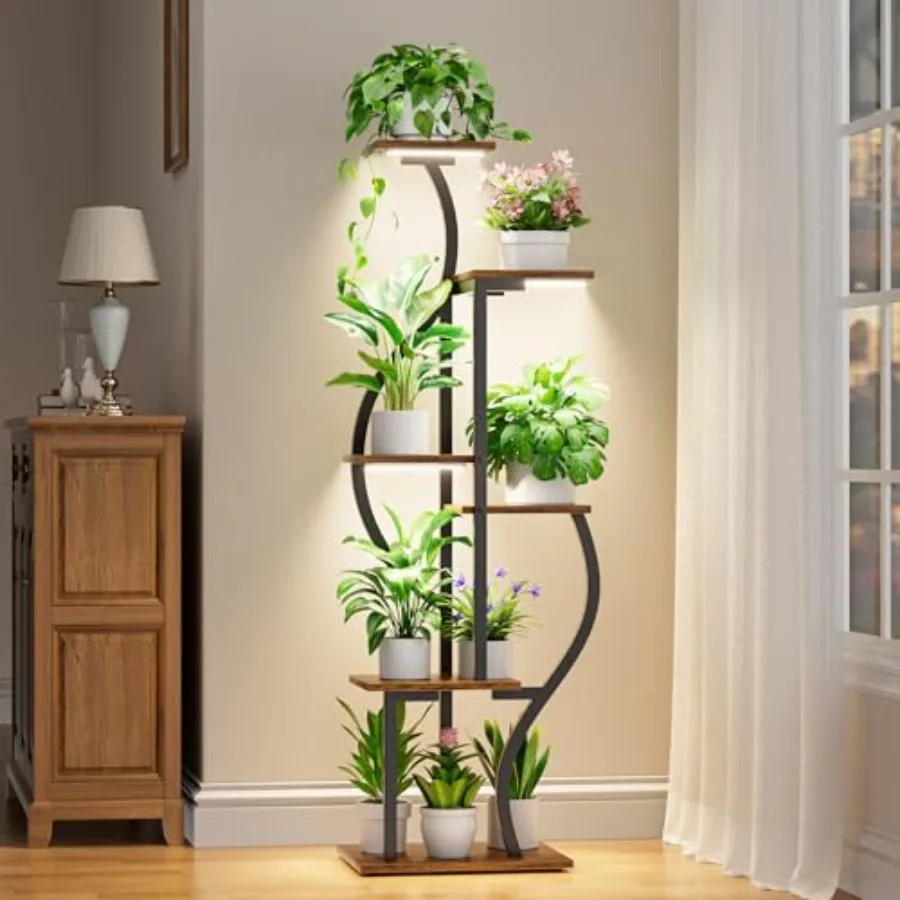 

53'' Plant Stand Indoor with Grow Lights - 6 Tiered Metal Plant Shelf for Multiple Plants, Corner Rack and Home Decor, Flower D