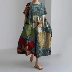 2024 Damska luźna sukienka w kwiaty z kieszeniami z krótkim rękawem i szerokim dołem Maxi Sundresses Summer Beach Swing Dress