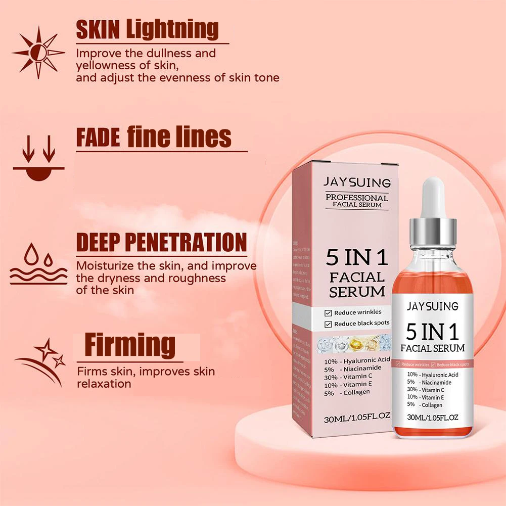 5 In 1 Fade Fine Lines Firming Face Serum Vitamin C Hyaluronic Acid Moisturizing Brightning Shrink Pores Skin Care Facial Serum