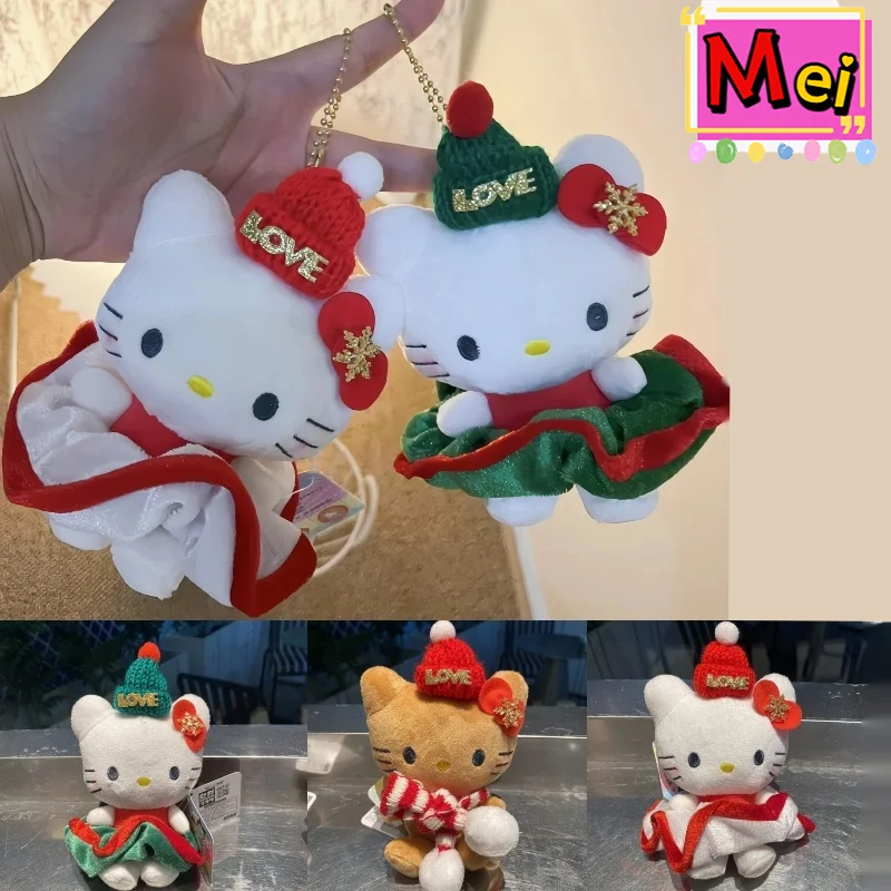 Porte-clés en peluche chaton mignon, rouge vert, Style de noël, poupée en peluche, sac à dos, chaîne suspendue, décoration d'ambiance de noël, cadeau