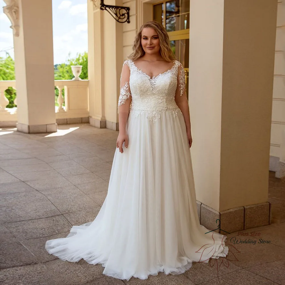 

Elegant Wedding Dress V-Neck Three Quarter Sleeves Bride Gown Lace Applique A-Line Sweep Train Vestido De Noiva Plus Size