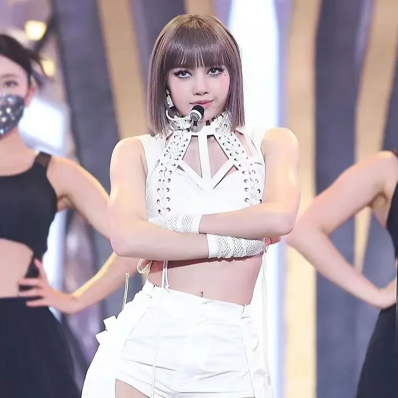 Kpop Korean Singer LISA Hip Hop Jazz Dance Outfits Sexy Hollow Out Halter Vest Crop Tops Loose Straight Jeans Y2K Stage Costume